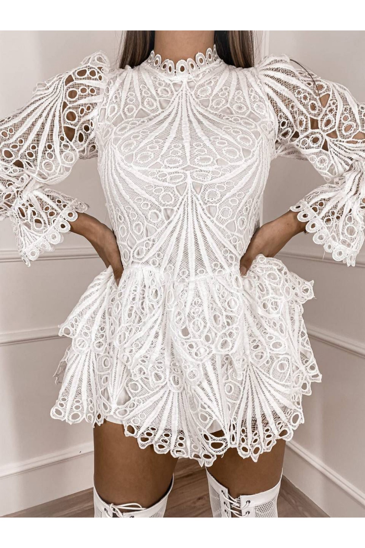 Tasarım Mini Elbise-Beyaz